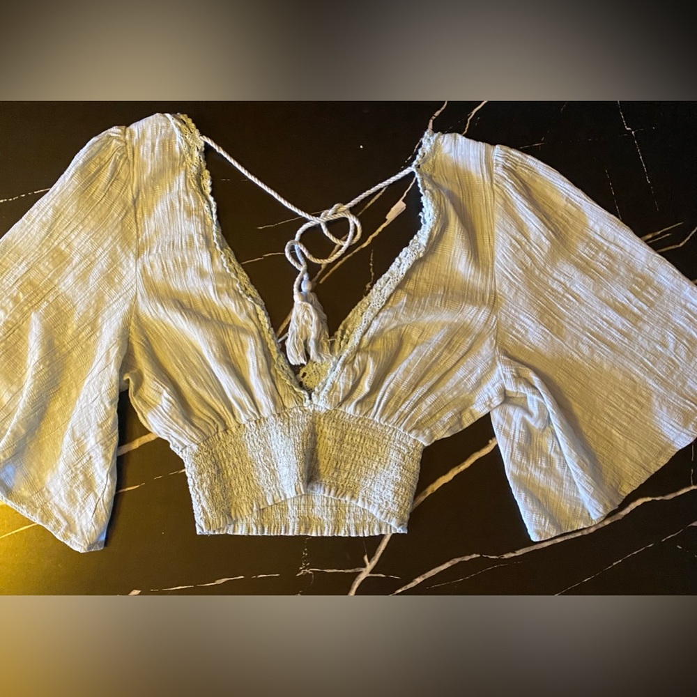 a baby blue blouse